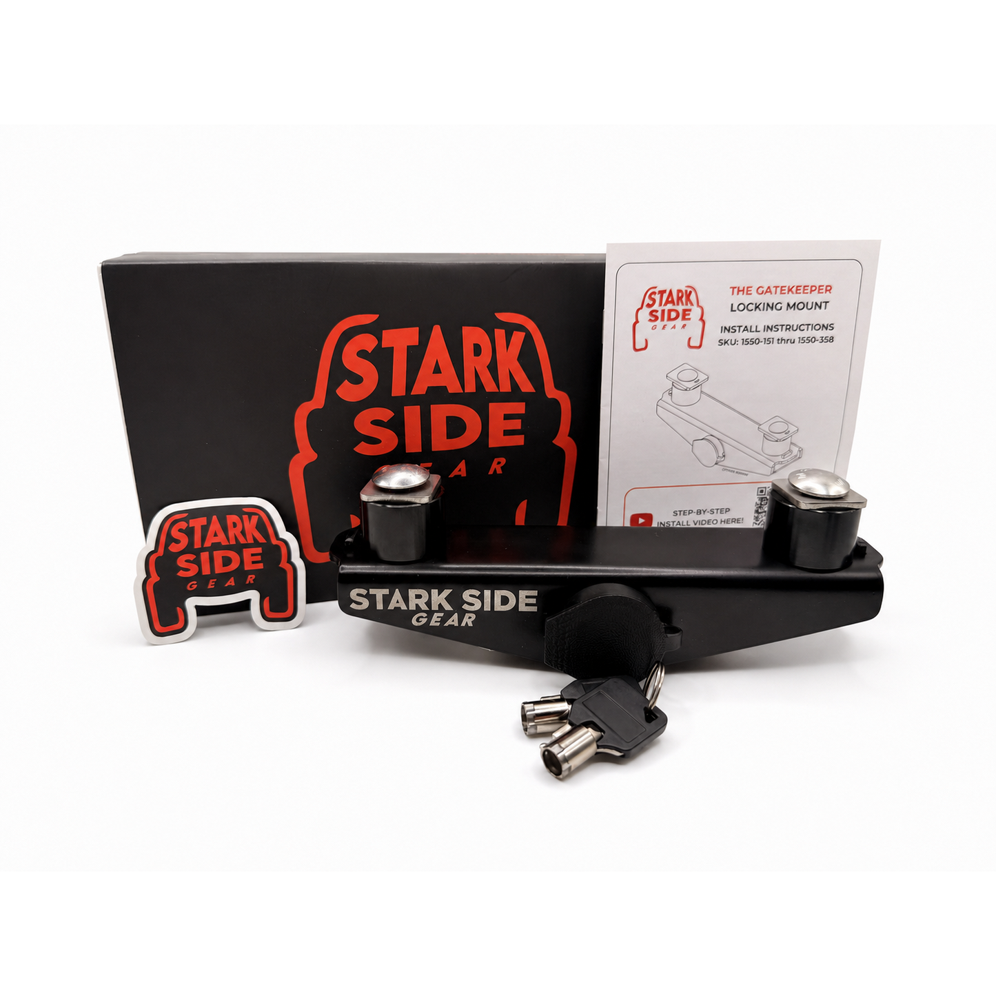 The Gatekeeper as it ships - mount, keys, instruction card and sticker in Stark Side Gear packaging