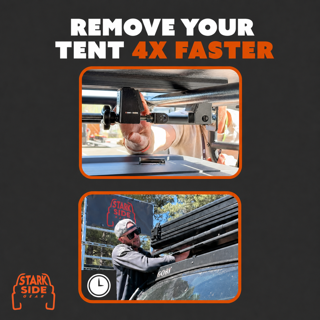 Remove your tent four times faster - a hand releasing the mount, and a tent being lifted off a rack