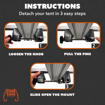 Three steps to detach: loosen the knob, pull the pins, slide the mount open