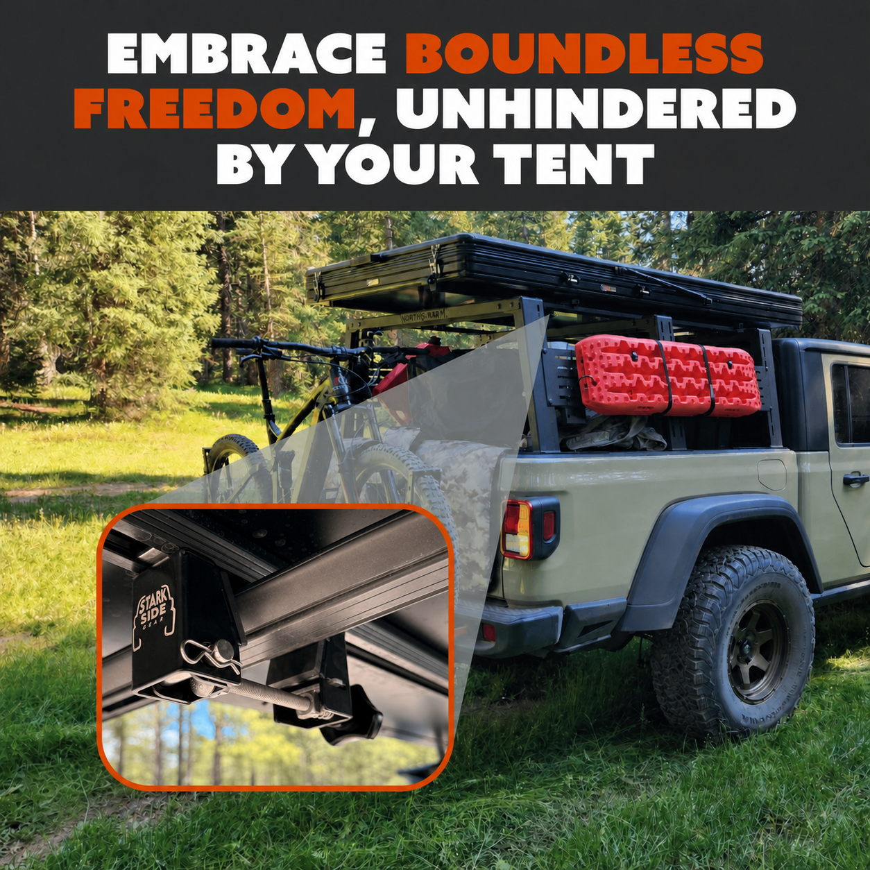 A Jeep Gladiator at a forest camp with the tent up, and a close-up of the Slipstream on the crossbar