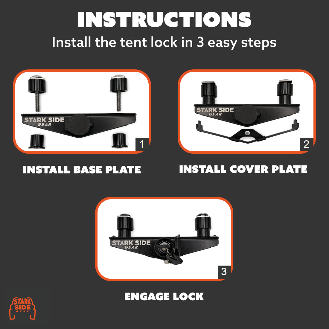 Install in three steps: fit the base plate, fit the cover plate, engage the lock