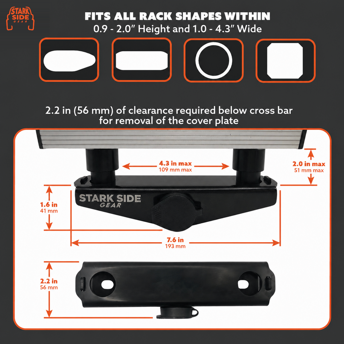 Gatekeeper crossbar fit: 0.9 to 2.0 inches tall, 1.0 to 4.3 inches wide, with 2.2 inches of clearance needed below the bar