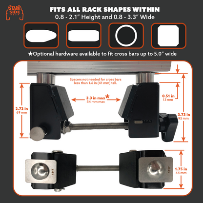 Crossbar fit: 0.8 to 2.1 inches tall and 0.8 to 3.3 inches wide, with the mount dimensions marked