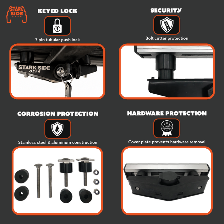 Gatekeeper security: 7-pin tubular push lock, bolt cutter protection, stainless and aluminium construction, cover plate over the hardware