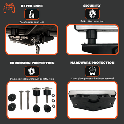 Gatekeeper security: 7-pin tubular push lock, bolt cutter protection, stainless and aluminium construction, cover plate over the hardware
