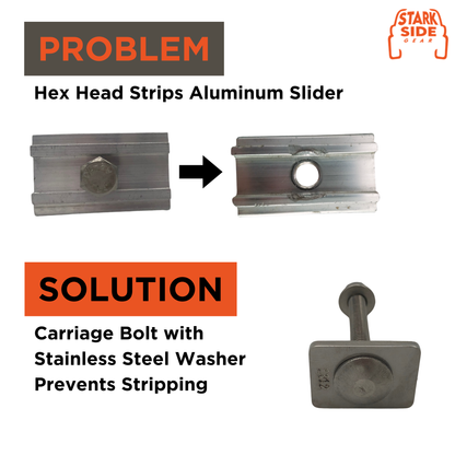 Problem and solution: a hex head strips the aluminium slider, a carriage bolt with a stainless washer prevents it
