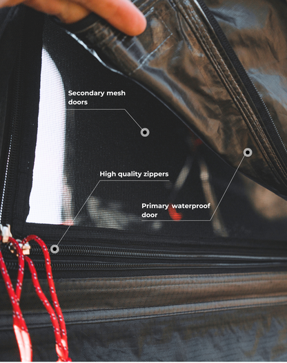 Intrepid Geo Solo doors: primary waterproof door with a secondary mesh door behind it