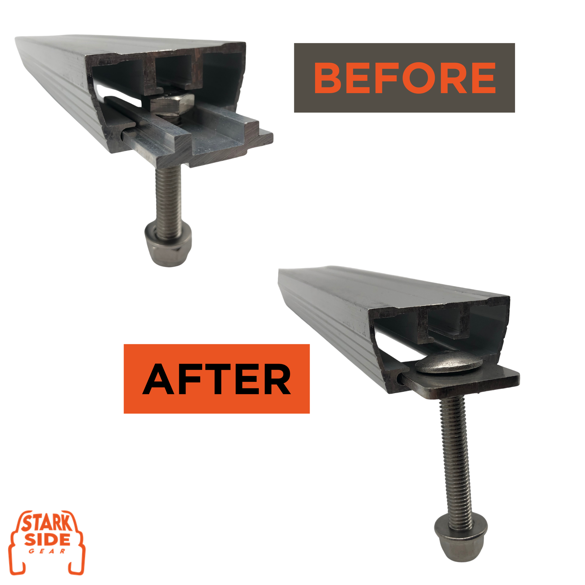 Before and after: the stock slider seated in a tent rail, replaced by the steel plate