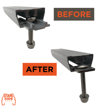 Before and after: the stock slider seated in a tent rail, replaced by the steel plate