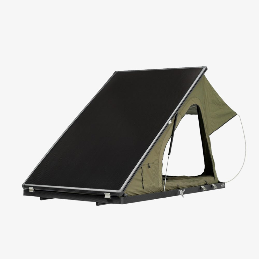 Inspired Overland Carbonlite open in olive, studio three-quarter view with the carbon fibre lid raised