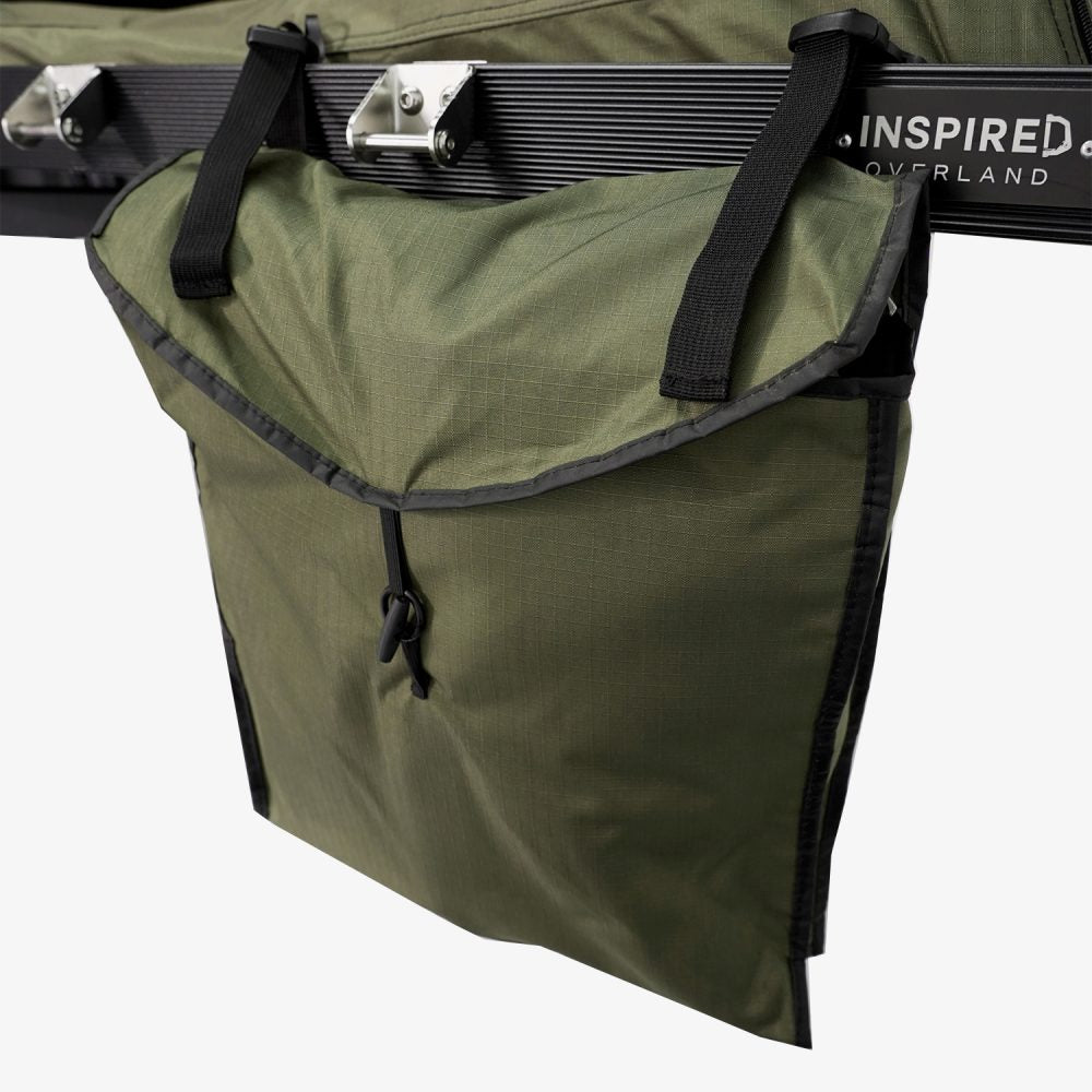 Olive gear bag strapped beneath the Carbonlite base rail