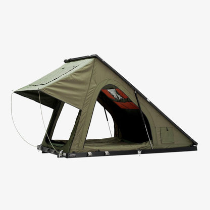 Inspired Overland Carbonlite open in olive, door canopy propped out over the entrance
