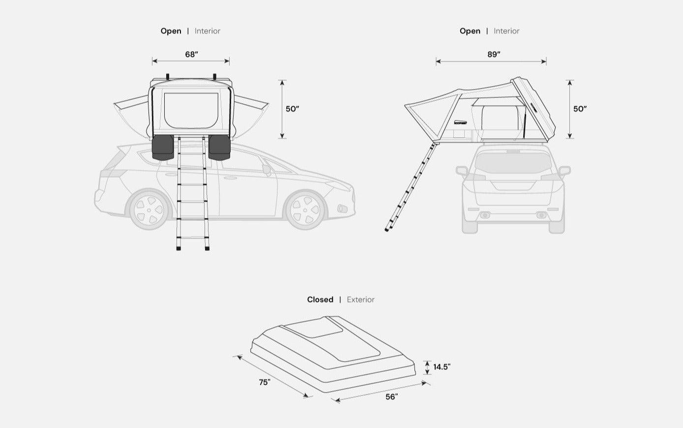 Roofnest Condor 2 XL dimensions diagram, open and closed