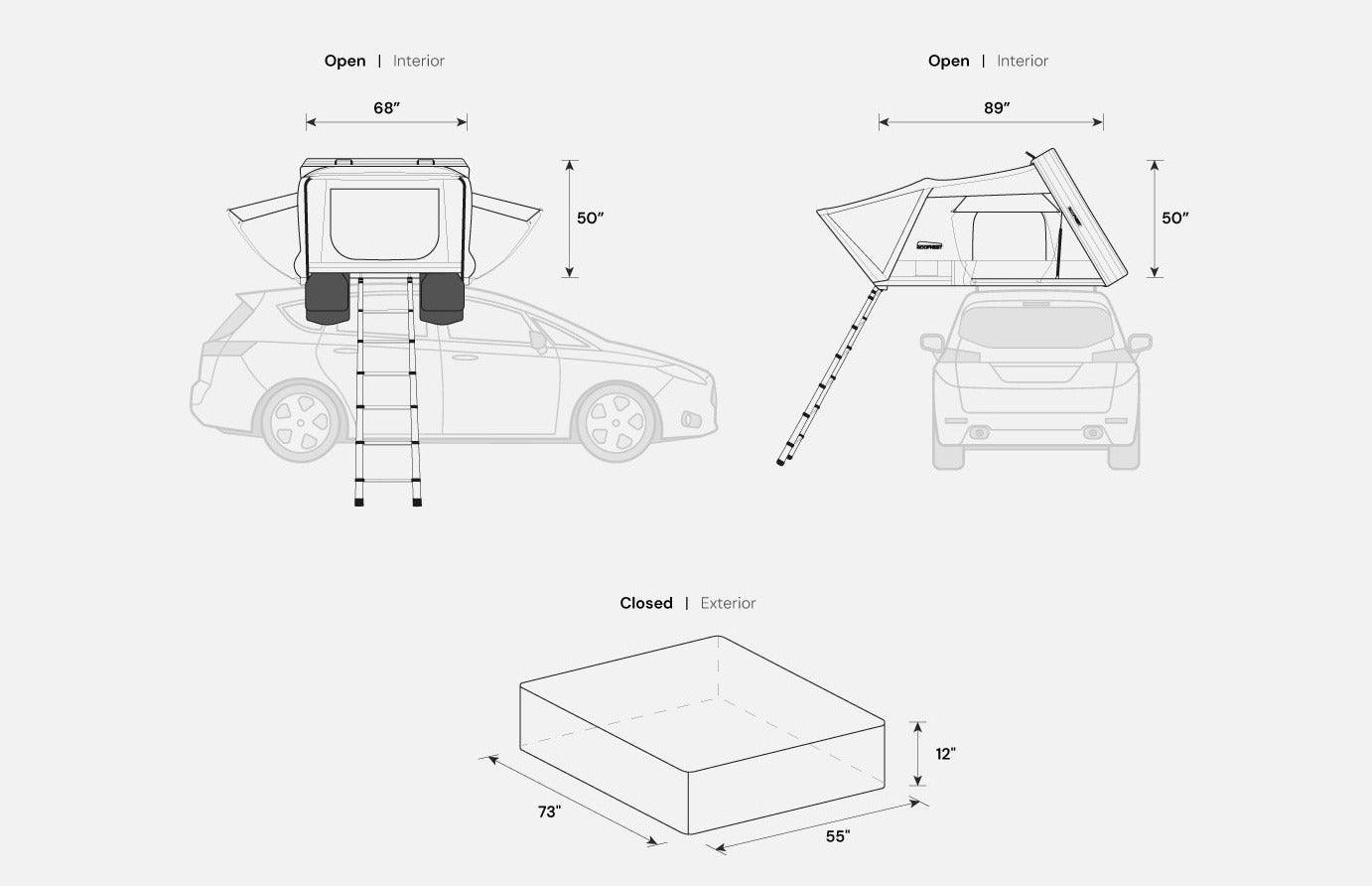 Roofnest Condor Overland 2 XL dimensions diagram, open and closed