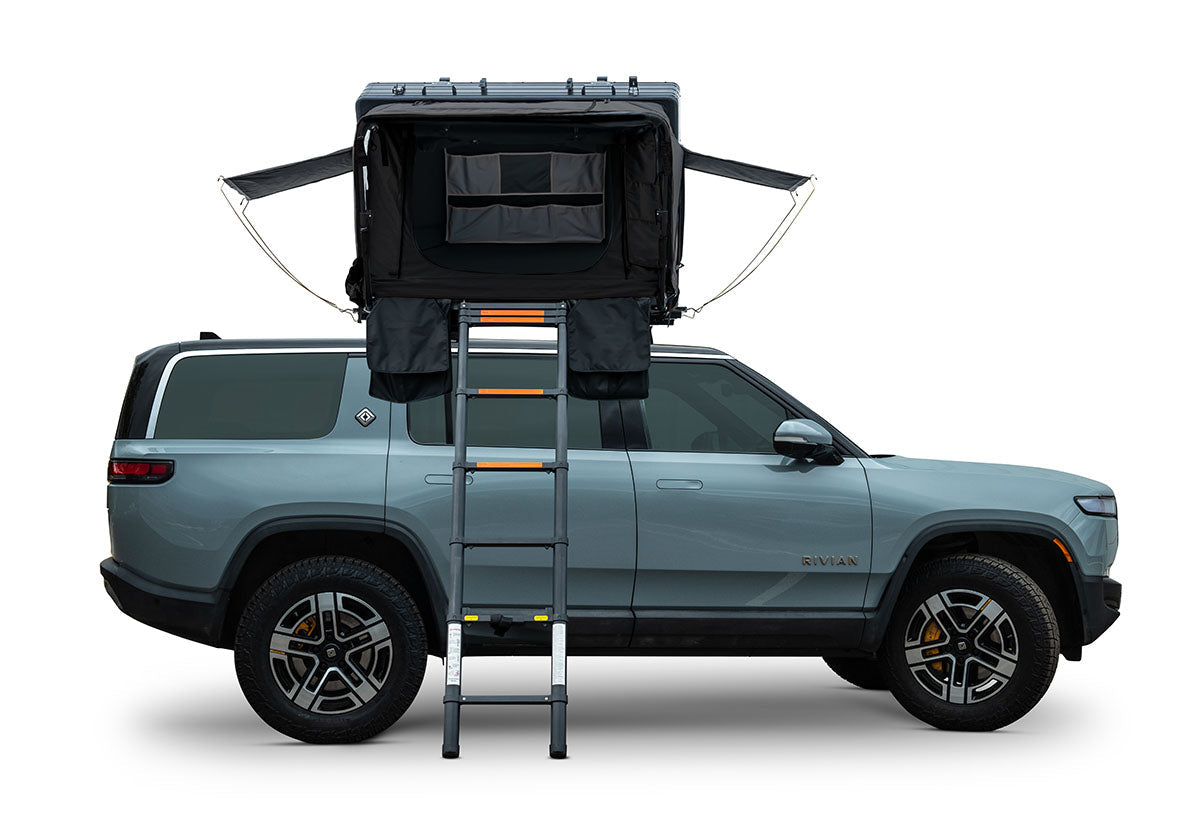 Roofnest Condor Overland 2 Air Regular open on a Rivian R1S, ladder down