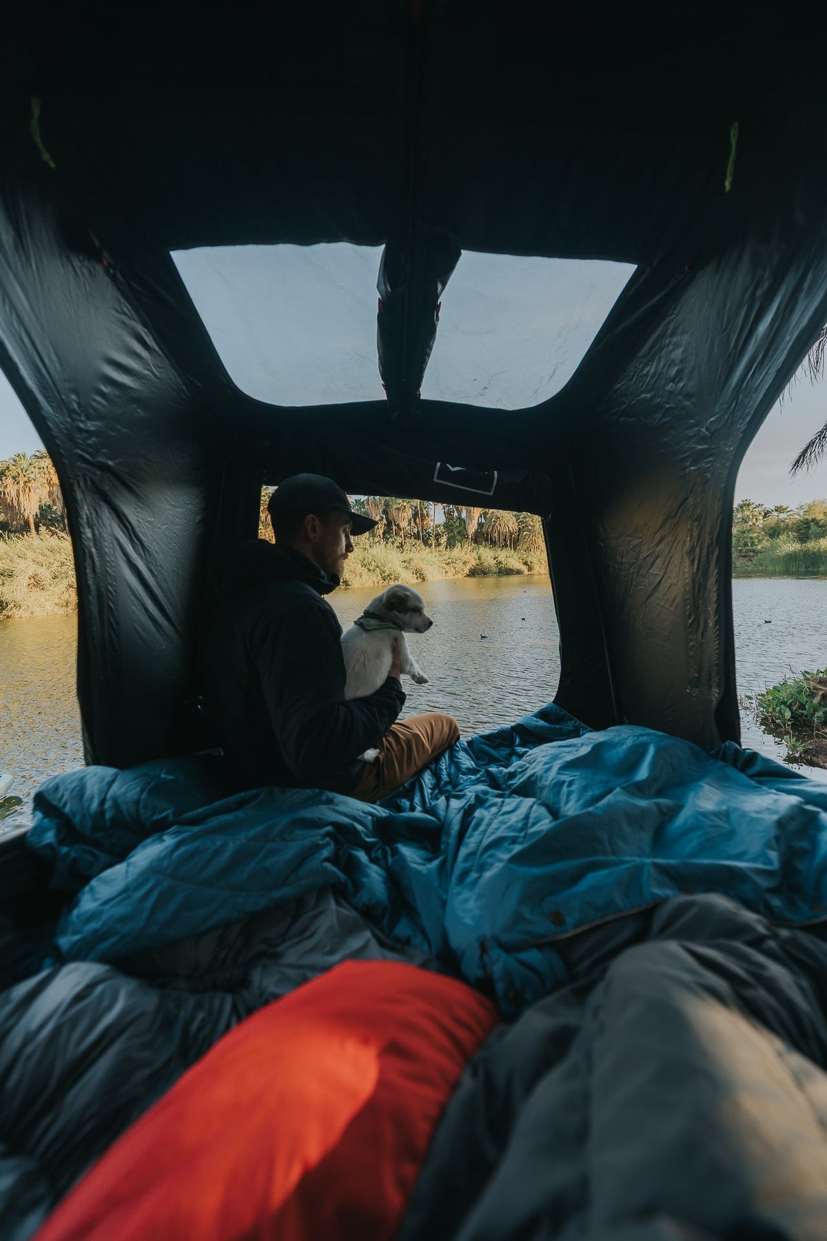 Inside the Intrepid Geo 2.5 Pro at a riverside camp