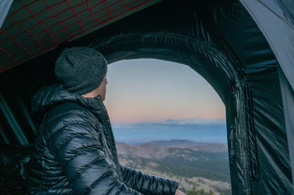 Looking out of the Intrepid Geo Solo at first light over the mountains