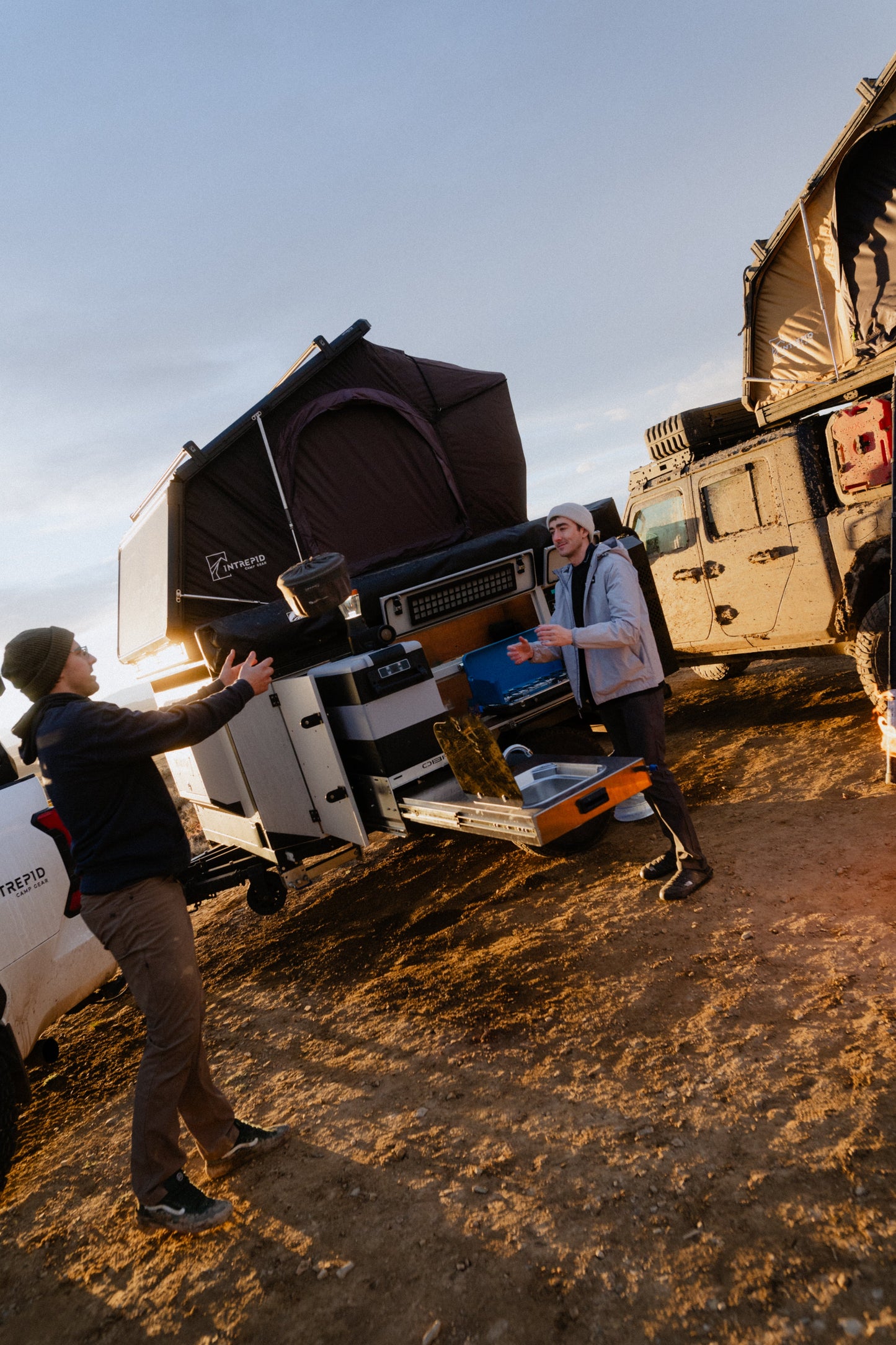 Intrepid Geo 3.0 Pro open above an Intrepid camp kitchen at sunset