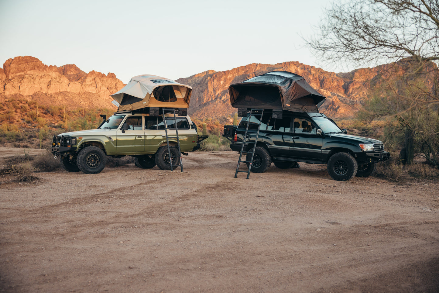 Two Land Cruisers with ROAM Vagabond XL 2.0 tents open at a desert camp