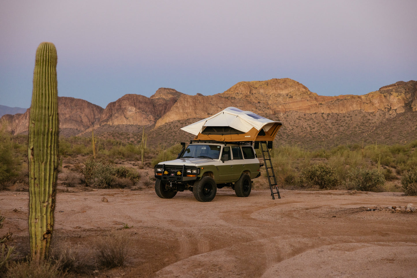 ROAM Vagabond XL 2.0 in Sand, open at dusk among saguaros