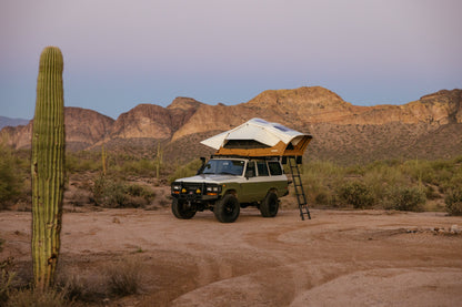 ROAM Vagabond XL 2.0 in Sand, open at dusk among saguaros