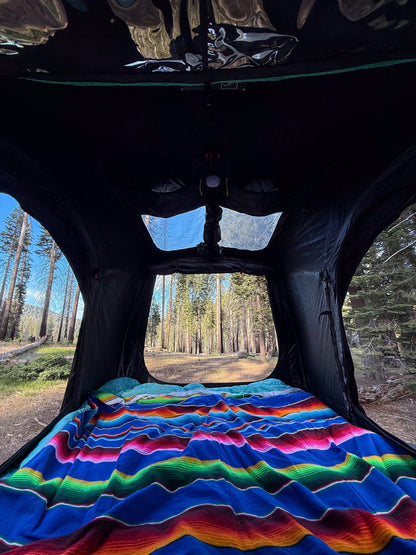 Inside the Intrepid Geo 3.0 looking out into pine forest, a blanket over the mattress