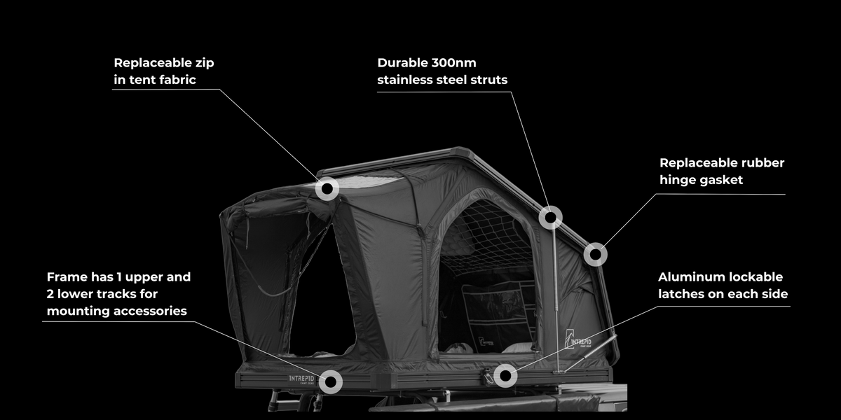 Intrepid Geo Solo shell features: 300mm stainless steel struts, replaceable zip and rubber hinge gasket, aluminium lockable latches, and one upper and two lower accessory tracks