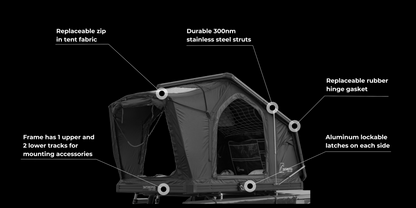 Intrepid Geo Solo shell features: 300mm stainless steel struts, replaceable zip and rubber hinge gasket, aluminium lockable latches, and one upper and two lower accessory tracks