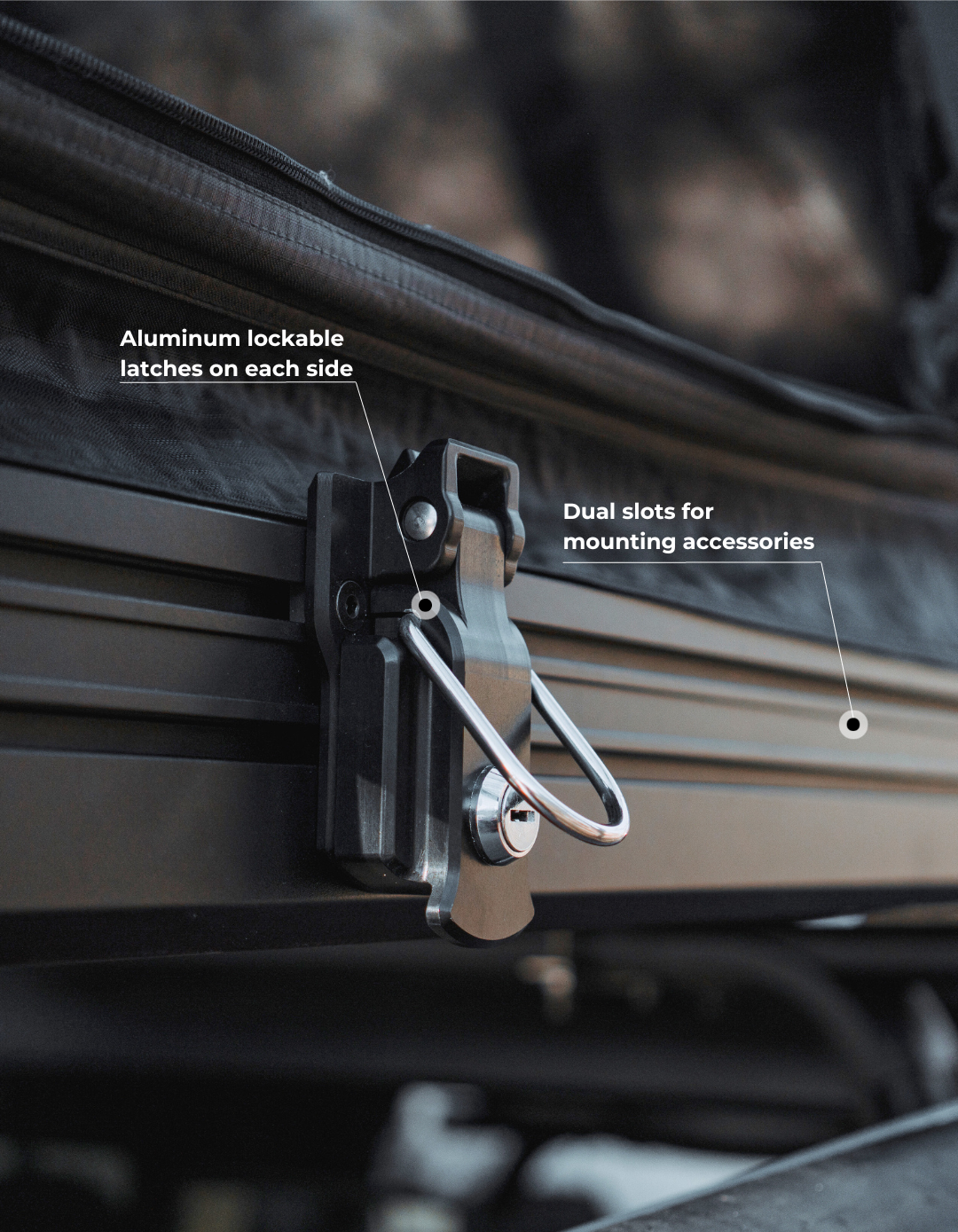 Intrepid Geo Solo latch detail: aluminium lockable latches and dual accessory slots