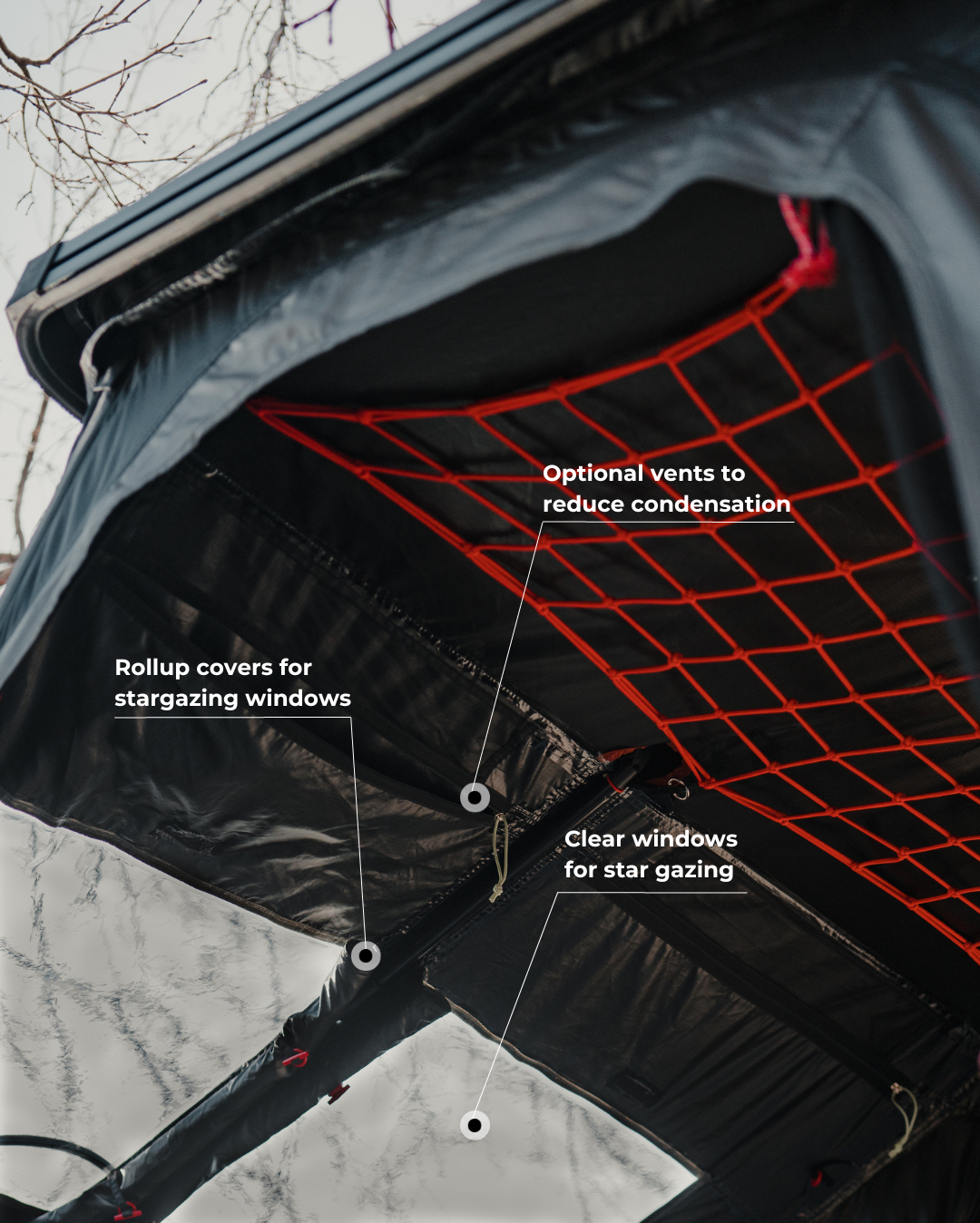 Intrepid Geo Solo interior: clear stargazing windows with roll-up covers and optional condensation vents