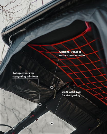 Intrepid Geo Solo interior: clear stargazing windows with roll-up covers and optional condensation vents