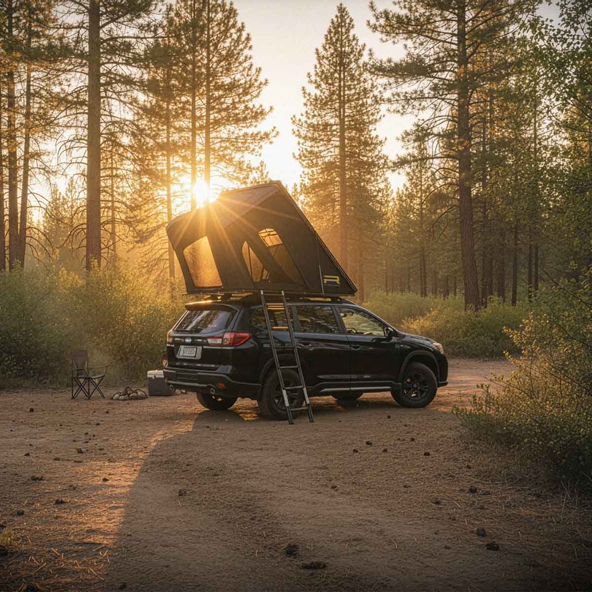 Roofnest Falcon 3 EVO Air Regular open on a wagon in the pines at sunset