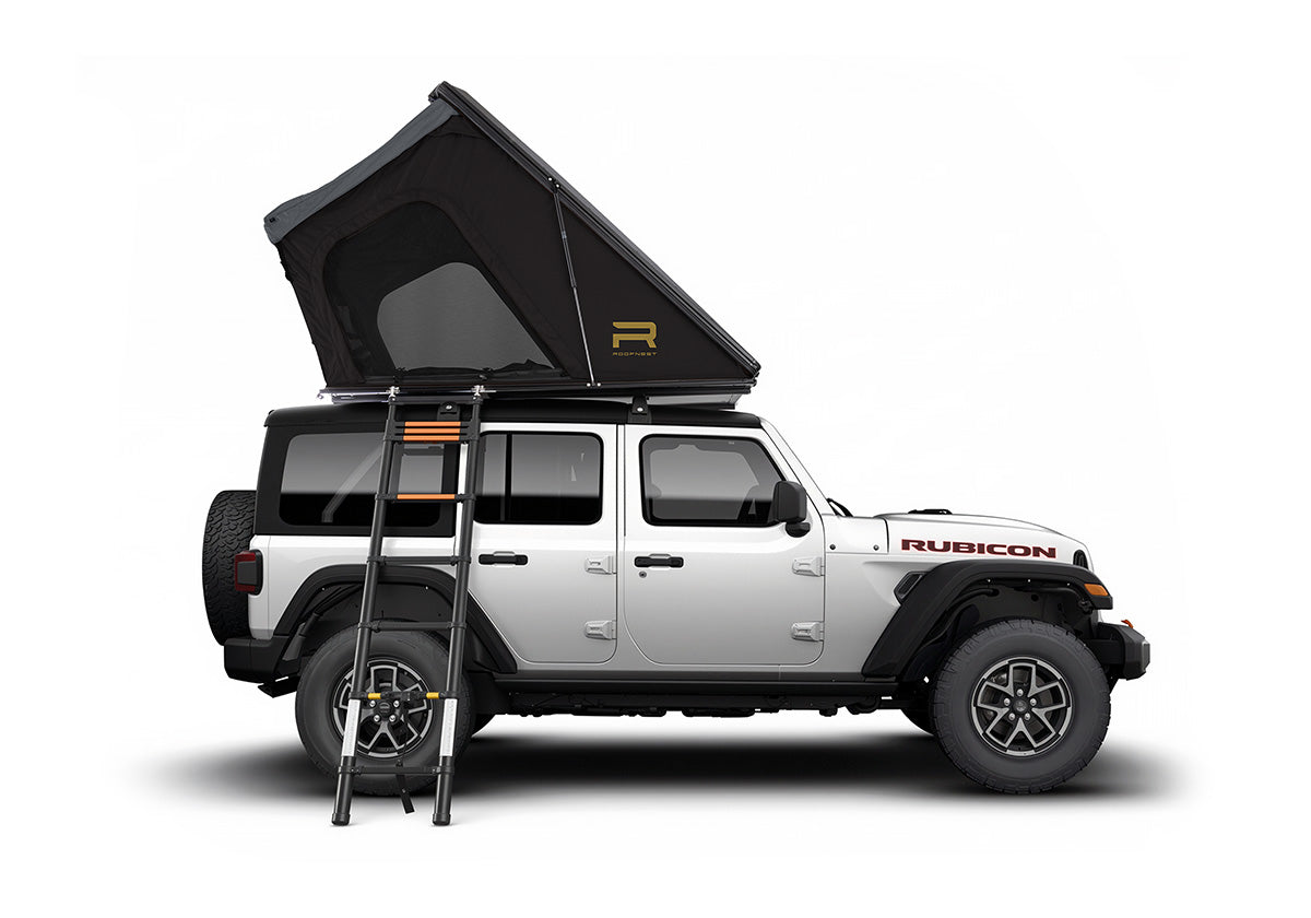 Roofnest Falcon 3 EVO Air Regular open on a Jeep Wrangler, side view