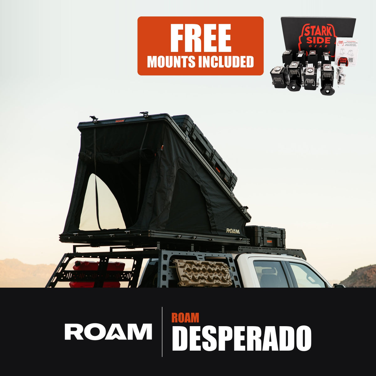 ROAM Desperado rooftop tent bundle, with the Stark Side Gear mount kit included free