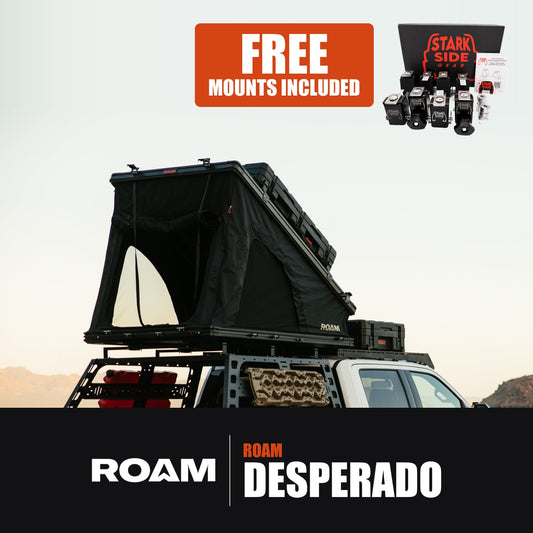 ROAM Desperado rooftop tent bundle, with the Stark Side Gear mount kit included free