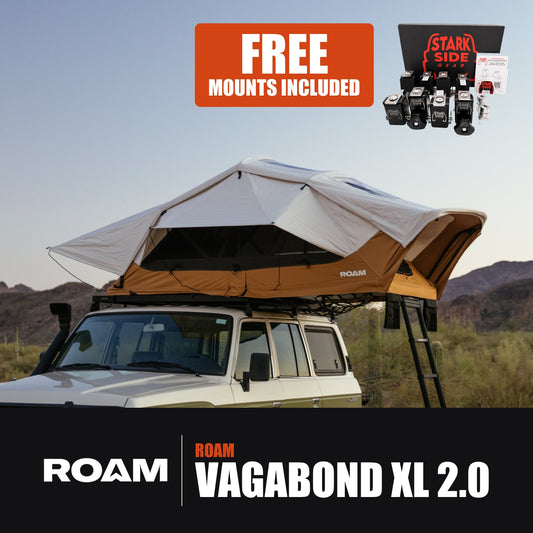 ROAM Vagabond XL 2.0 rooftop tent bundle, with the Stark Side Gear mount kit included free